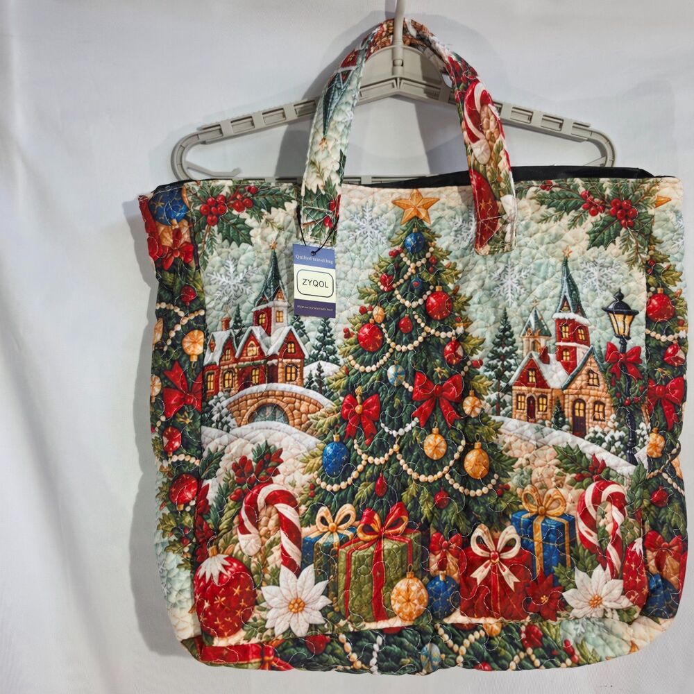 Unbranded Holiday Christmas Tree Village Quilted Tapestry Tote Bag Multi